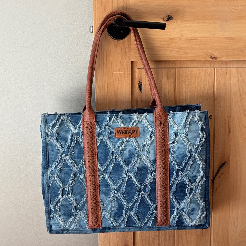 Wrangler Distressed Denim Tote with Tan Straps